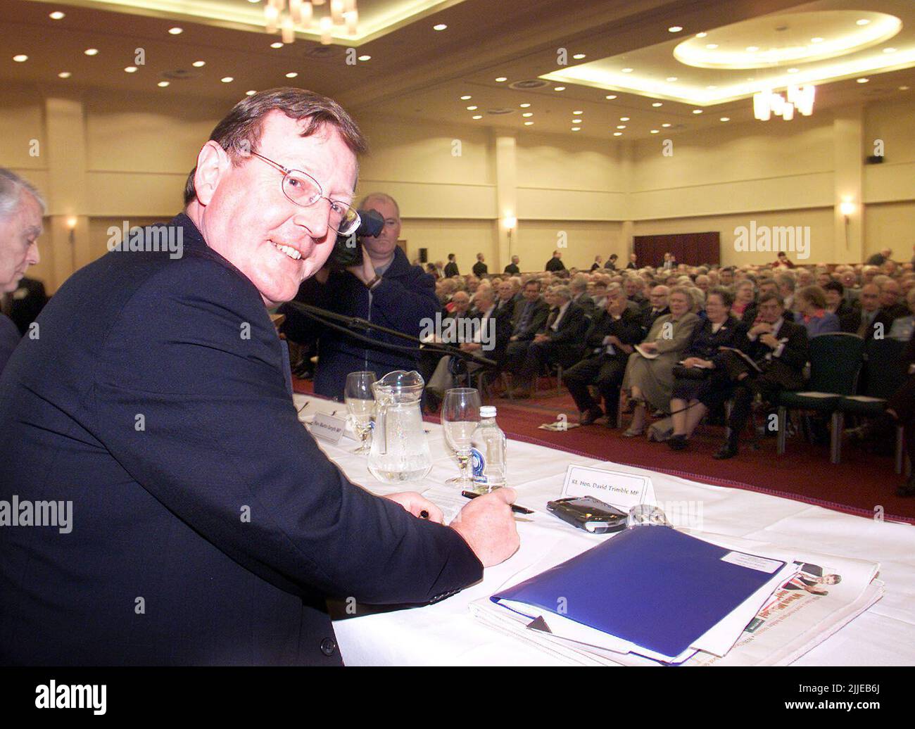 File photo dated 21/9/2002 of Ulster Unionist Leader David Trimble takes his seat at the meeting of the Ulster Unionist Council in Belfast. The former Northern Ireland first minister has died, the Ulster Unionist Party has announced. Issue date: Monday July 25, 2022. Stock Photo