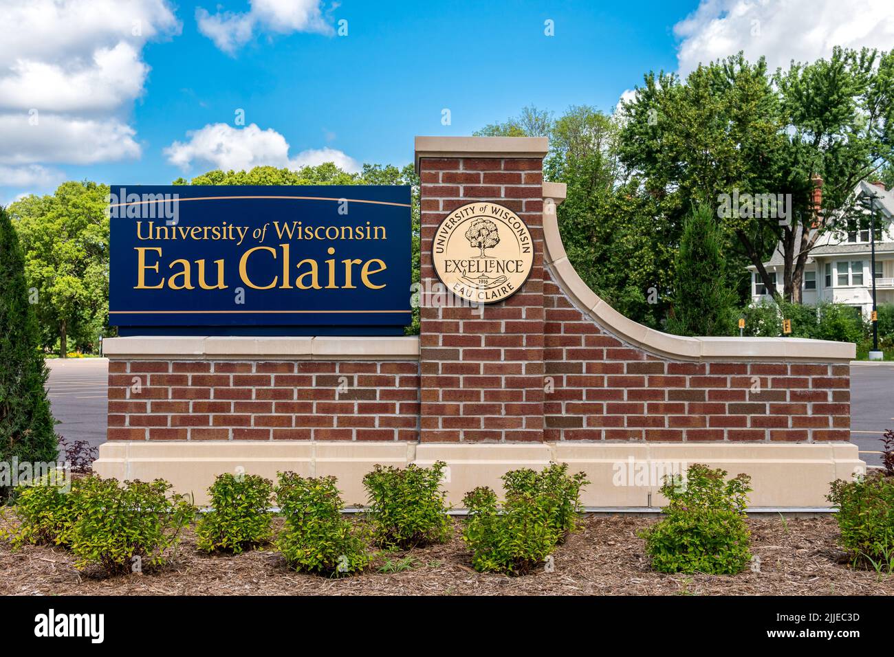 EAU CLAIRE, WI, USA - JULY 24, 2022: Entrance and Trademark Logo at the University of Wisconsin-Eau Claire. Stock Photo