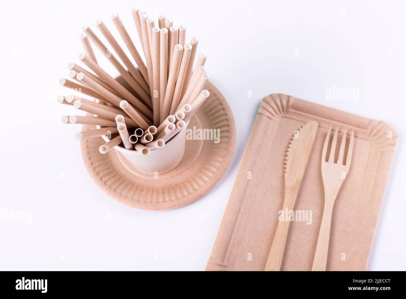 Eco friendly disposable tableware. Paper plates, cups, straws and