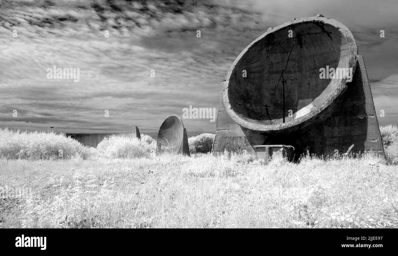 Infrared photo of the concrete sound mirrors at Lade Pits, part of RSPB Dungeness Nature Reserve