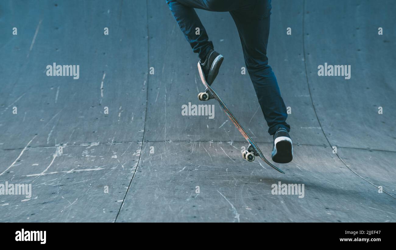 skateboarding hobby man life ollie trick ramp Stock Photo