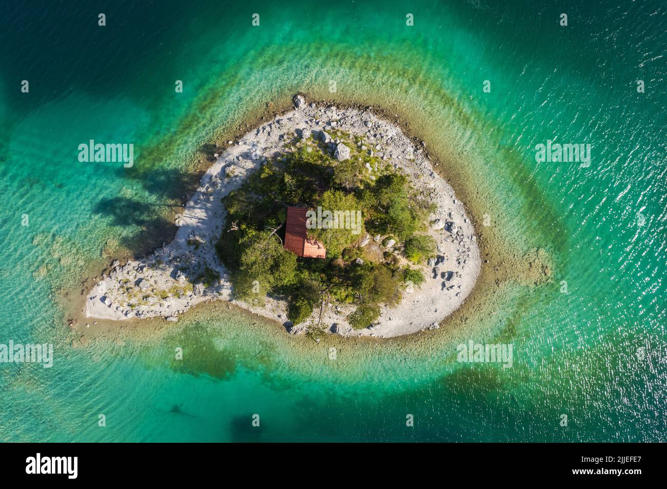 Aerial View of the Schönbichl Island at Eibsee Lake. Grainau, Werdenfelser Land, Upper Bavaria, Germany Stock Photo