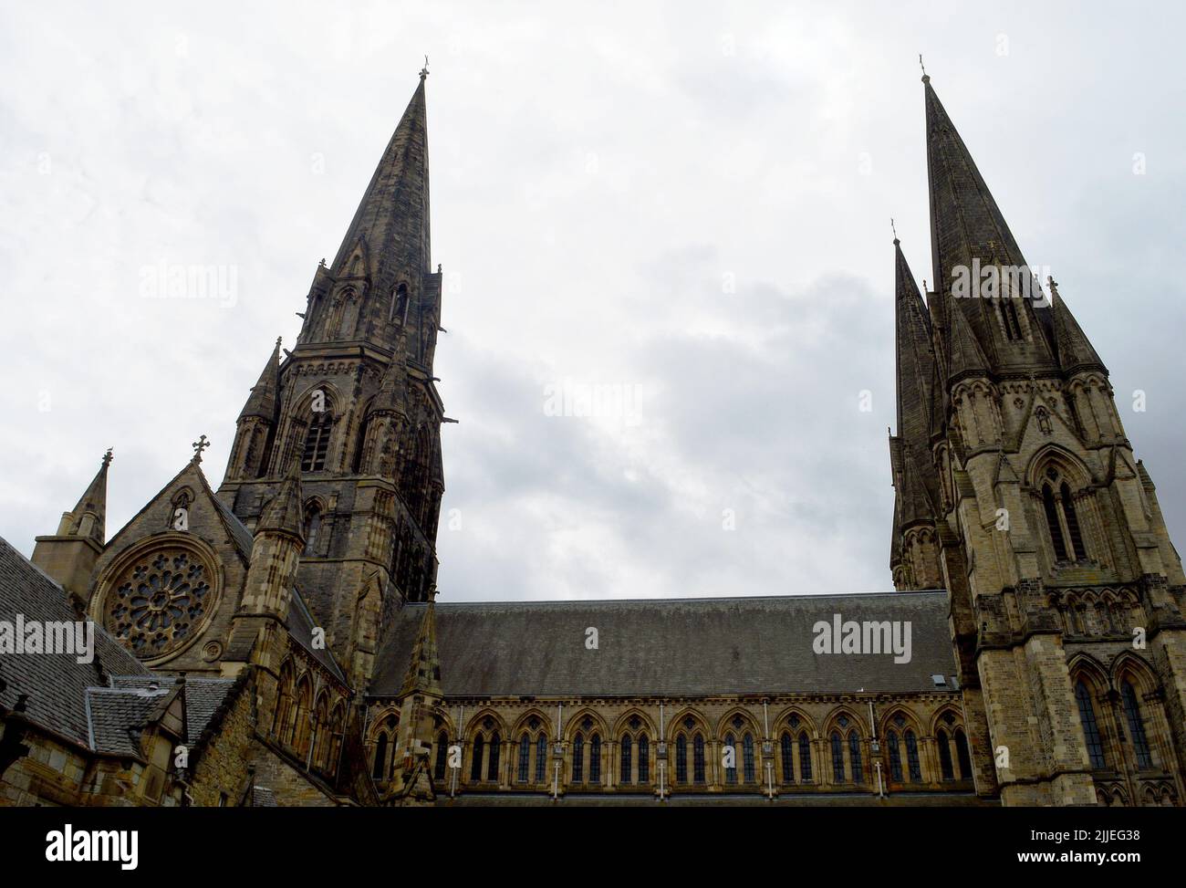 EDINBURGH, SCOTLAND - 12 JULY 2022: All three spires of o St Mary's Episcopal Cathedral, or the Church of St Mary the Virgin. Stock Photo