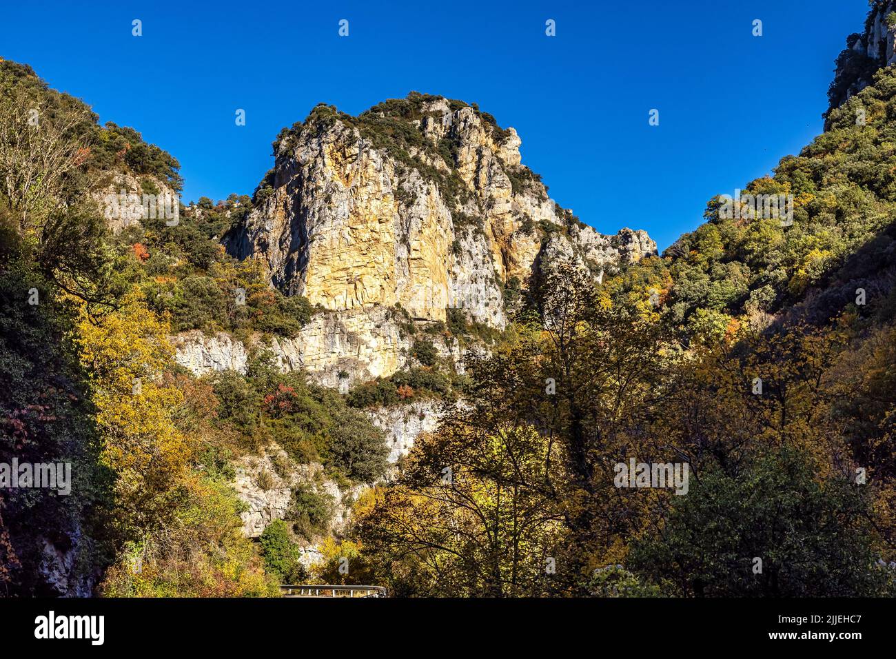 Driving through Foz de Arbayun canyon of Salazar River in the Pyrenees in Navarre Autonomous Community of Spain, Europe Stock Photo