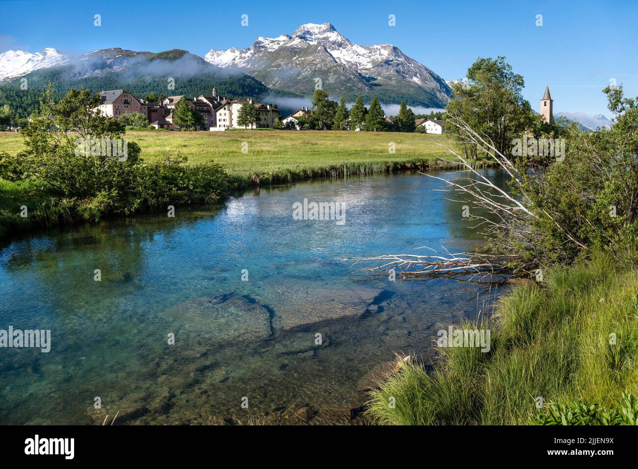 River Inn at Sils-Baseglia in summer, Switzerland, Grisons, Engadine, Sils Baseglia Stock Photo