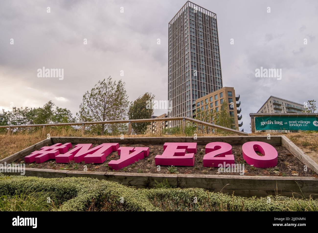 My E20, East Village slogan in the former 2012 Olympic Village, Stratford, Newham, East London, Get Living London, Insignia Point. Stock Photo