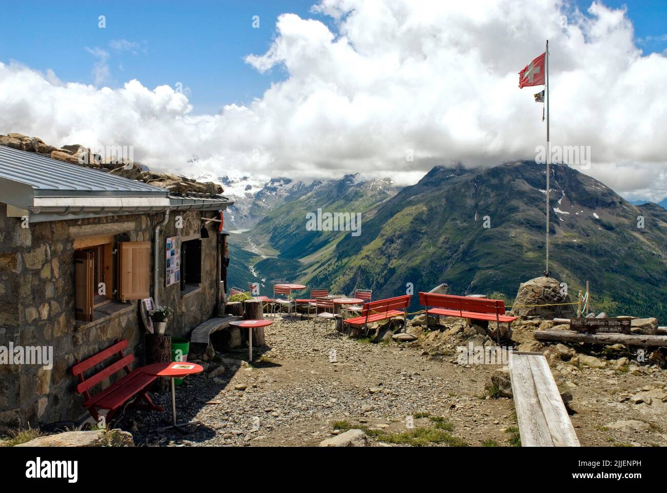 view from the Mountain Hut towards the Rosegg Valley, Switzerland, Grisons, Oberengadin, Pontresina Stock Photo