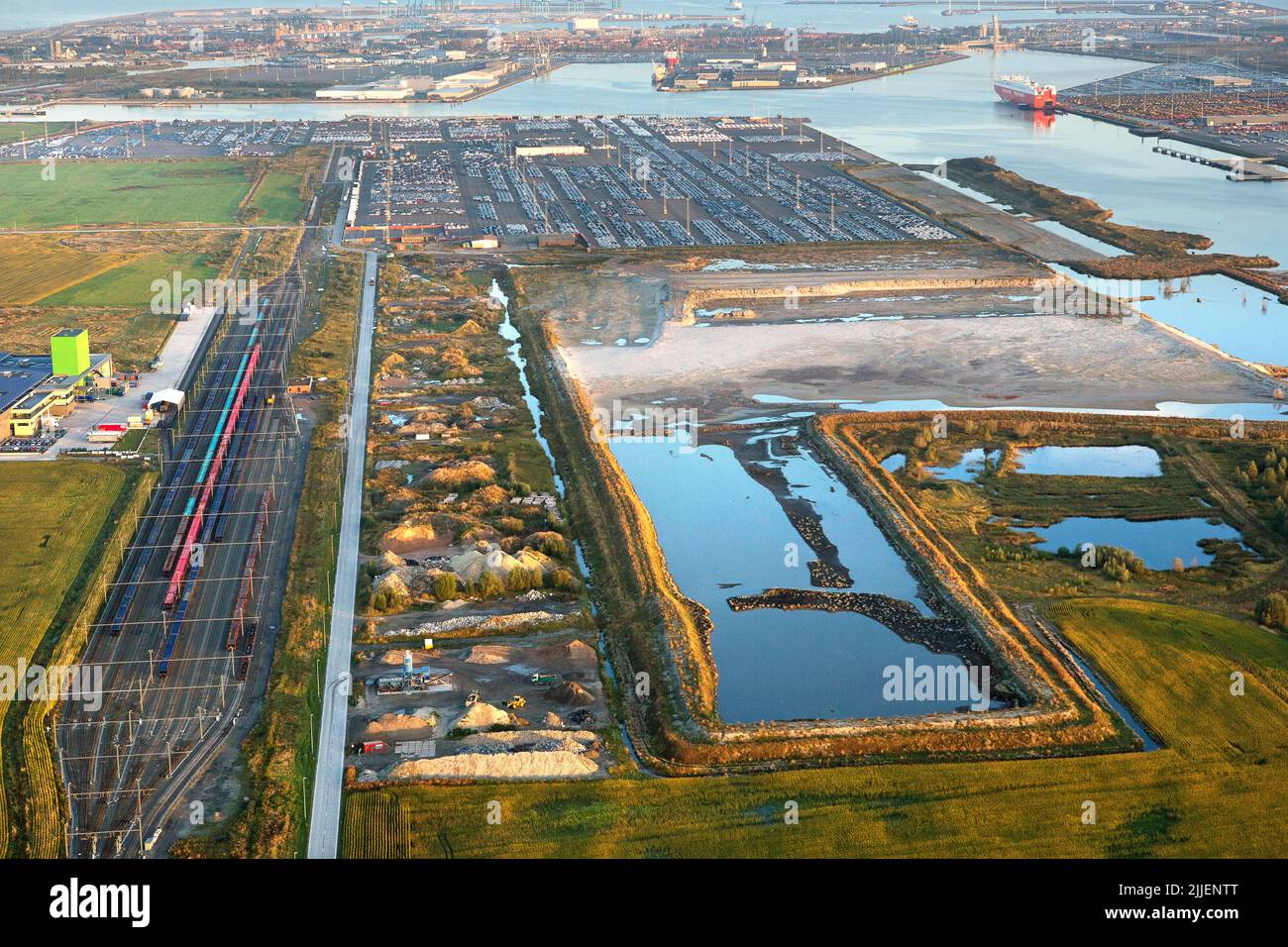 ICO Terminal and freight station, aerial view, Belgium, Flanders, Zeebrugge Stock Photo