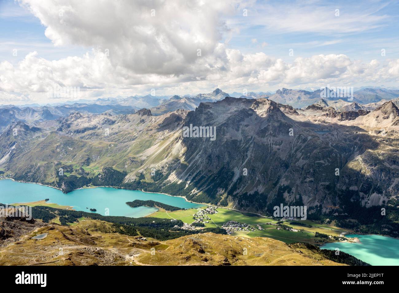 View onto Sils Maria and Lake Sils, Switzerland, Grisons, Engadine, Sils Maria Stock Photo