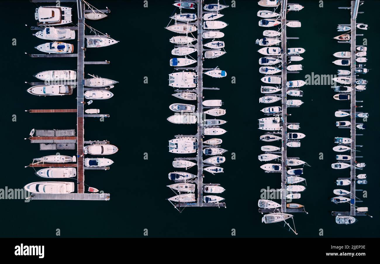 Aerial Top View Yachts and Sailboats Moored in Marina Stock Photo