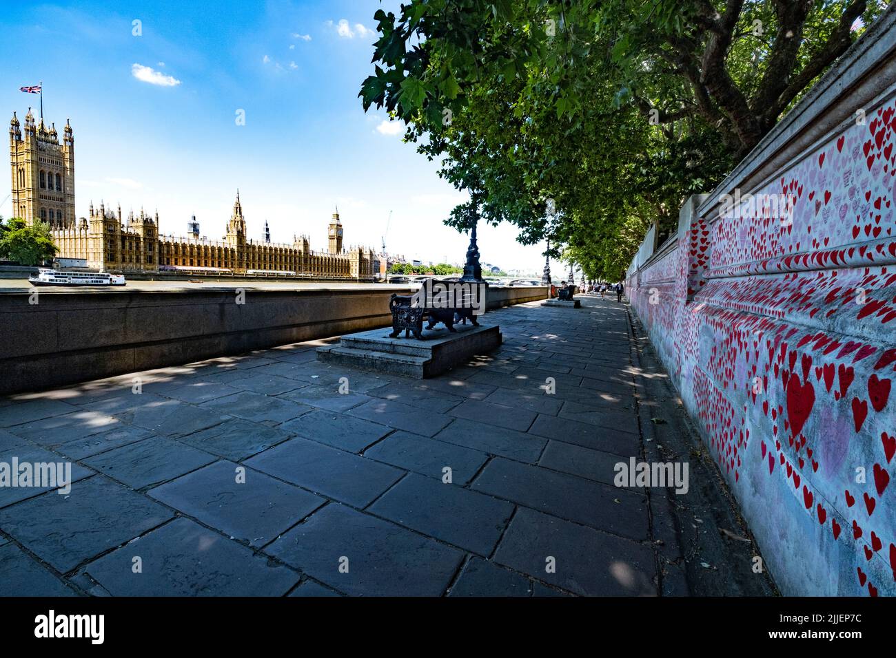National Covid Memorial on the South Bank outside St Thomas' Hospital with a view of the Houses of Parliament in Westminster opposite Stock Photo