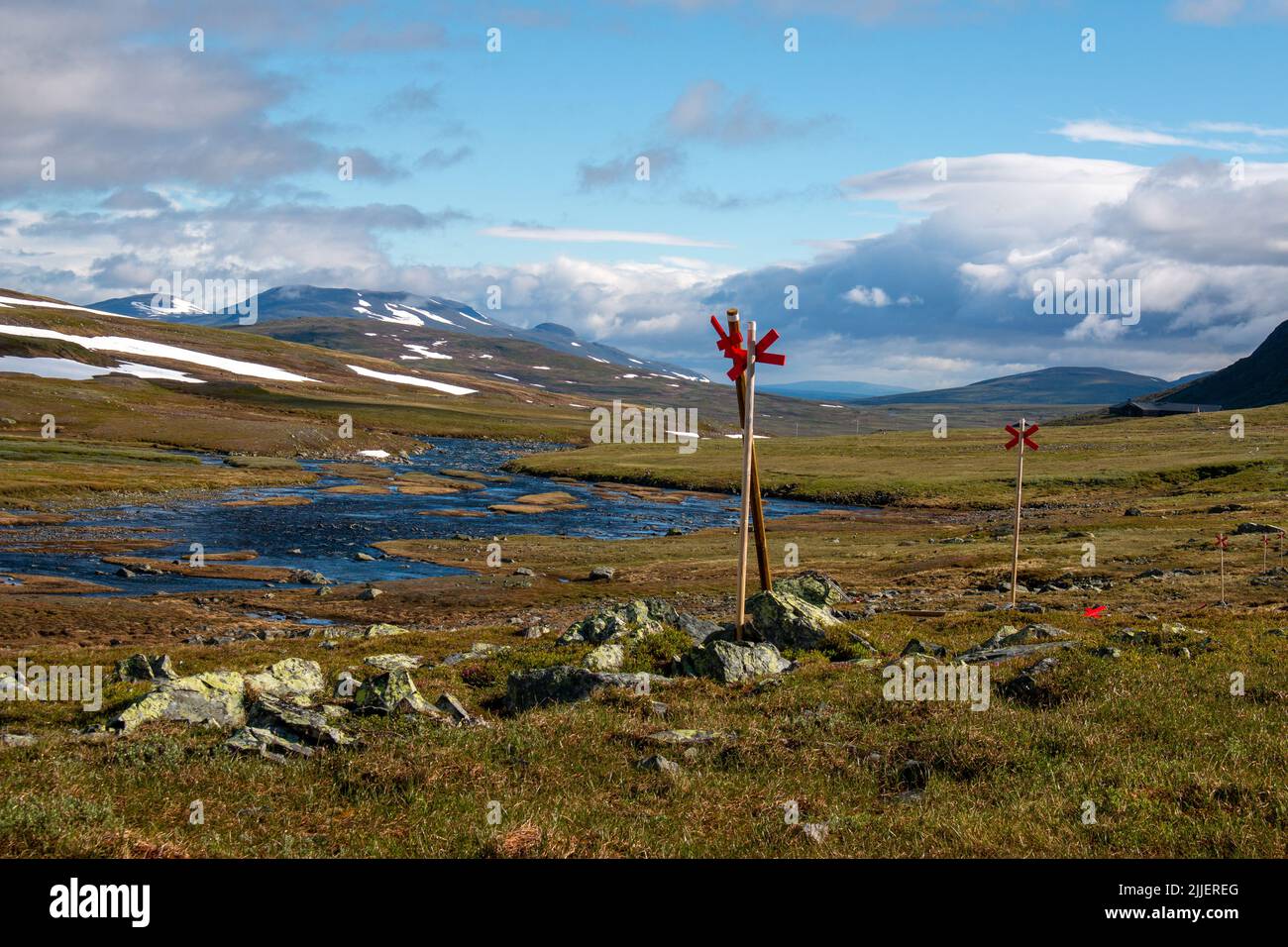A hiking trail approaching Sylarna Mountain Station in Jamtland, Sweden Stock Photo