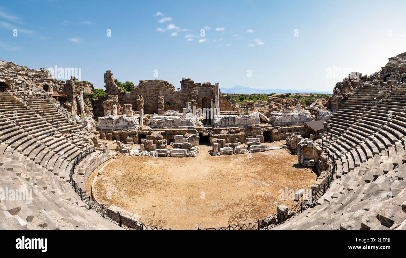 Close up photo of Amphi theatre in Side ancient city in Manavgat, Antalya. Stock Photo