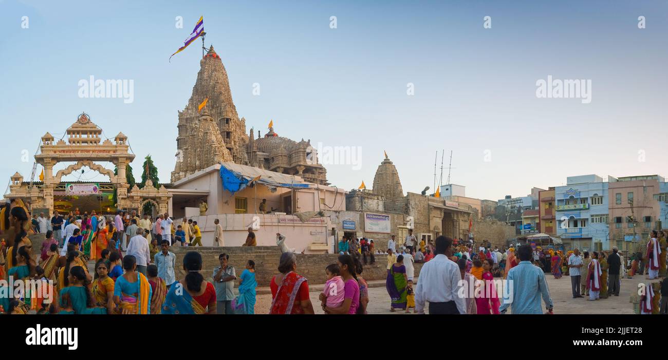 A panoramic shot of the tourists visiting Dwarka dhish Temple Dwarka Gujarat in India Stock Photo