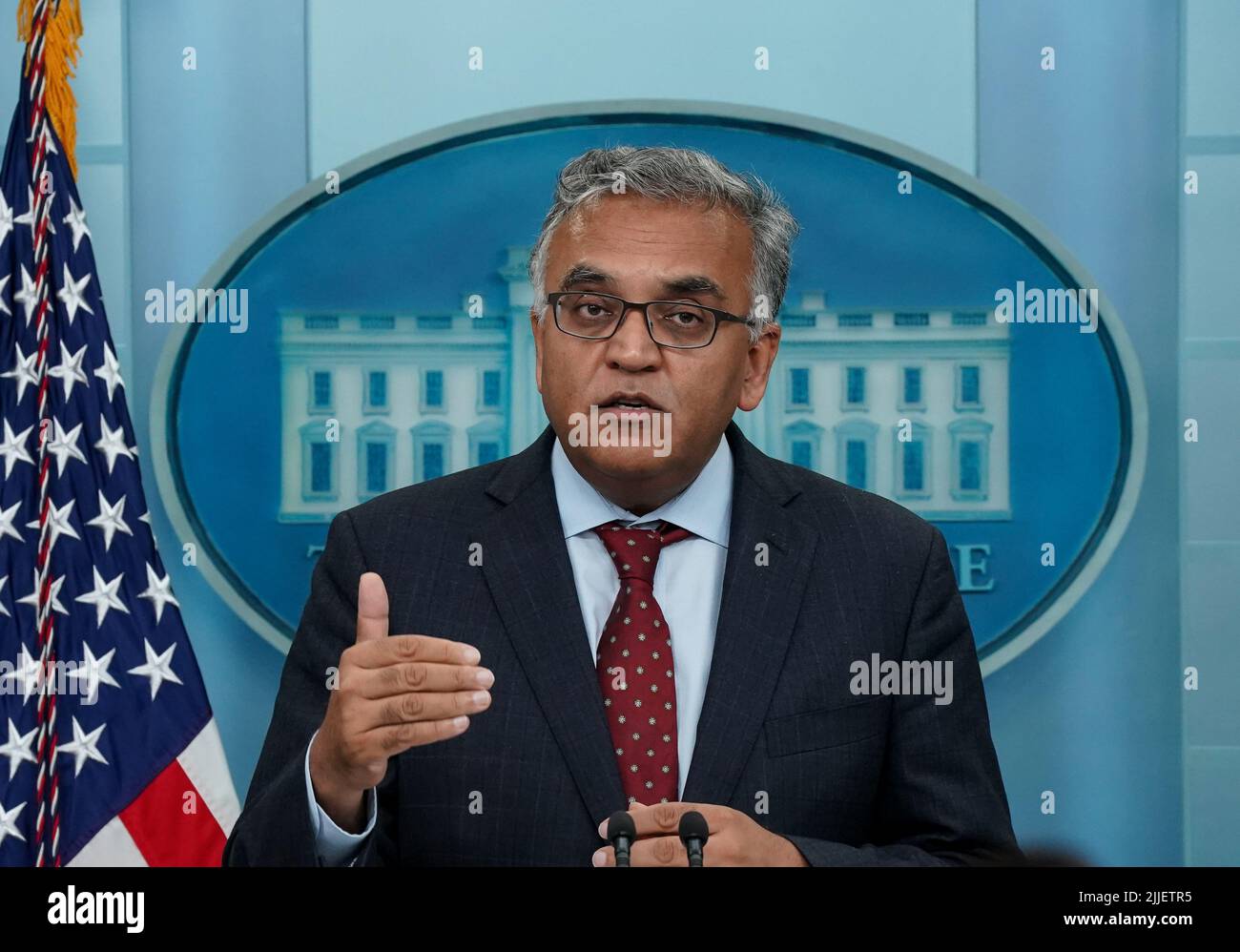 Washington, United States. 25th July, 2022. COVID-19 Response Coordinator Dr. Ashish Jha speaks during a briefing on the status of President Joe Biden's health in relation to his being diagnosed with COVID-19 and the current status of COVID-19 in the United States at the White House in Washington, DC on Monday, July 25, 2022. Photo by Jemal Countess/UPI Credit: UPI/Alamy Live News Stock Photo