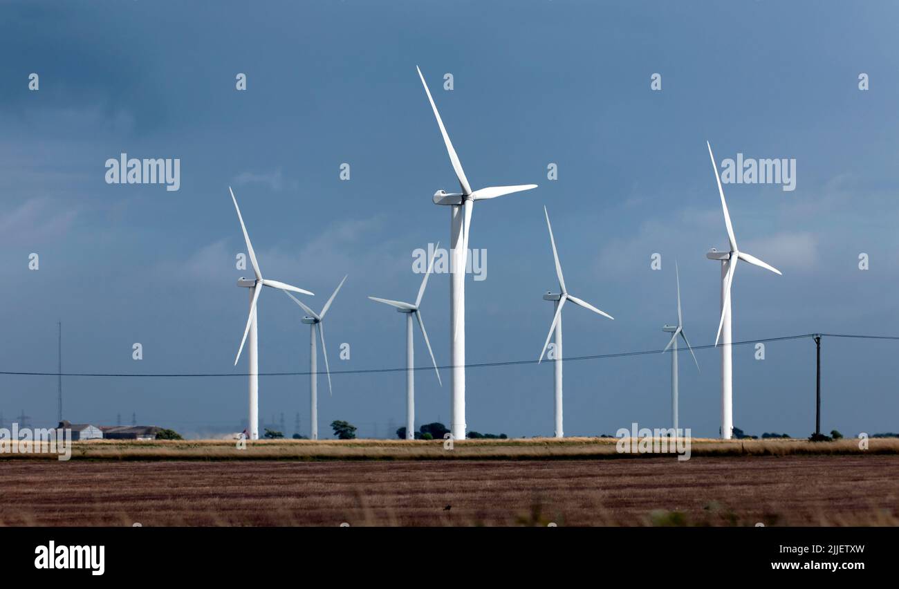 Close-up, view of Little Cheyne Court Wind Farm, Romney Marsh, Kent. Stock Photo