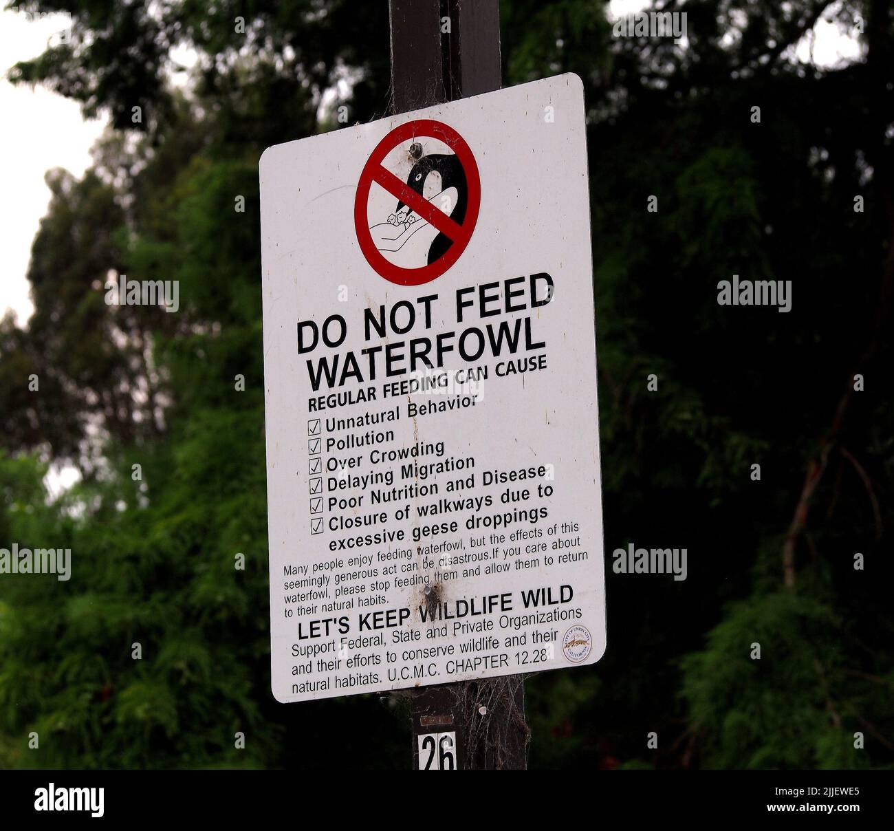 do not feed the waterfowl sign in William Cann Civic Center in Union City, California Stock Photo