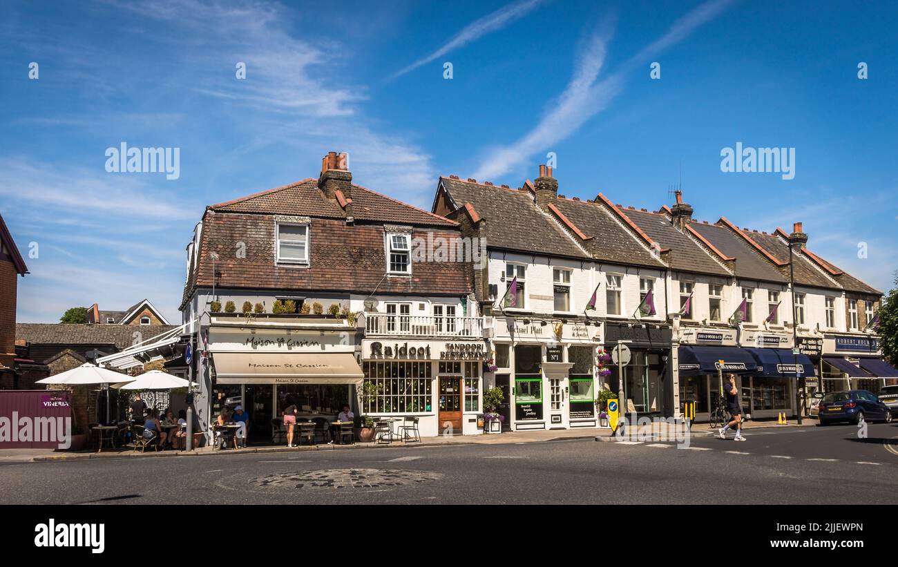 London, UK, July 2022, view of restaurants and shops at Church Road, Wimbledon Village Stock Photo