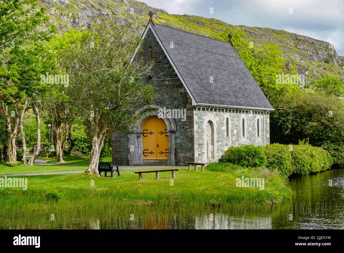 Gougane Barra, Co. Cork, Ireland: 19th-century oratory built on a small island in Gougane Lake, a scenic valley in the Shehy Mountains. Stock Photo