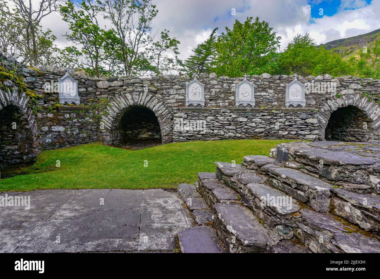 Gougane Barra, Co. Cork, Ireland: Ruins of a hermitage dating from around 1700, in a scenic valley and heritage site in the Shehy Mountains. Stock Photo