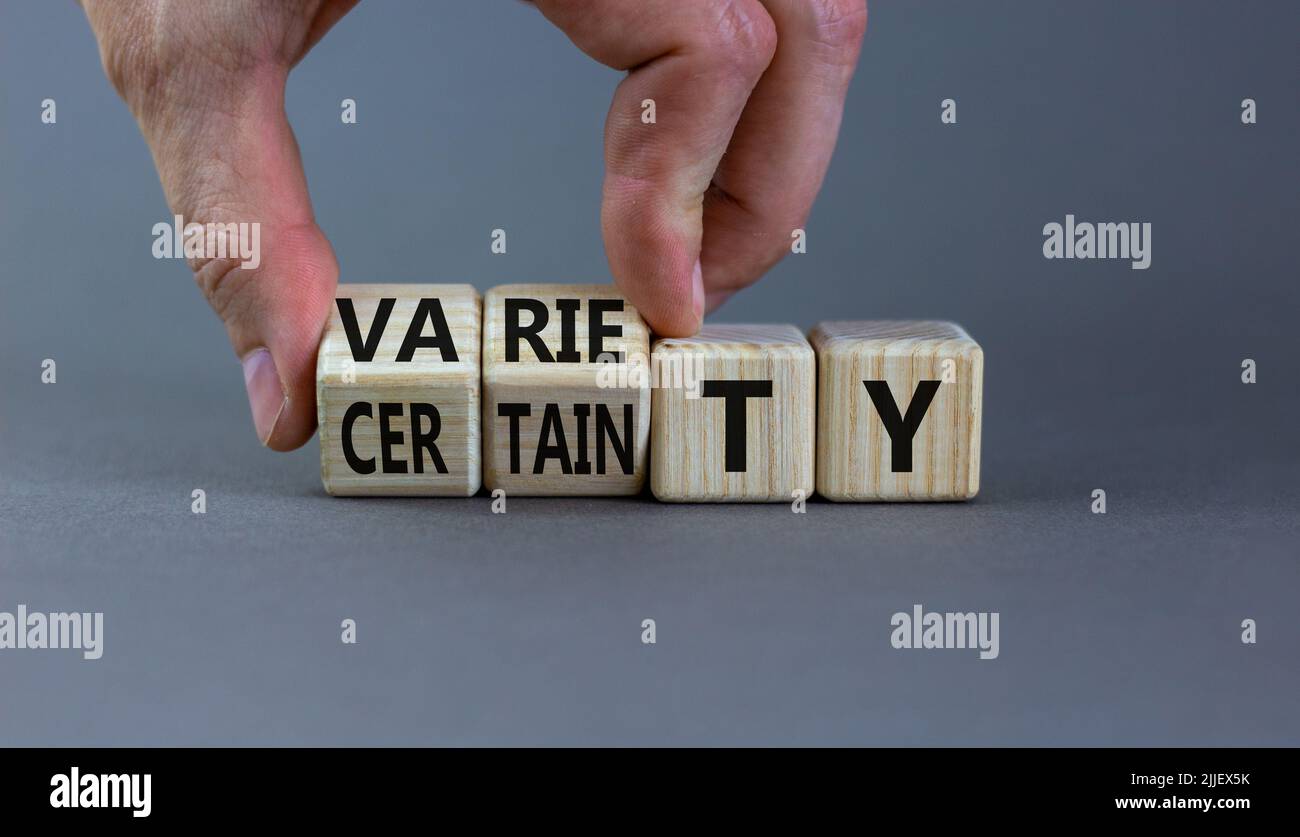 Variety or certainty symbol. Concept words Variety or certainty on wooden cubes. Businessman hand. Beautiful grey table grey background. Business vari Stock Photo