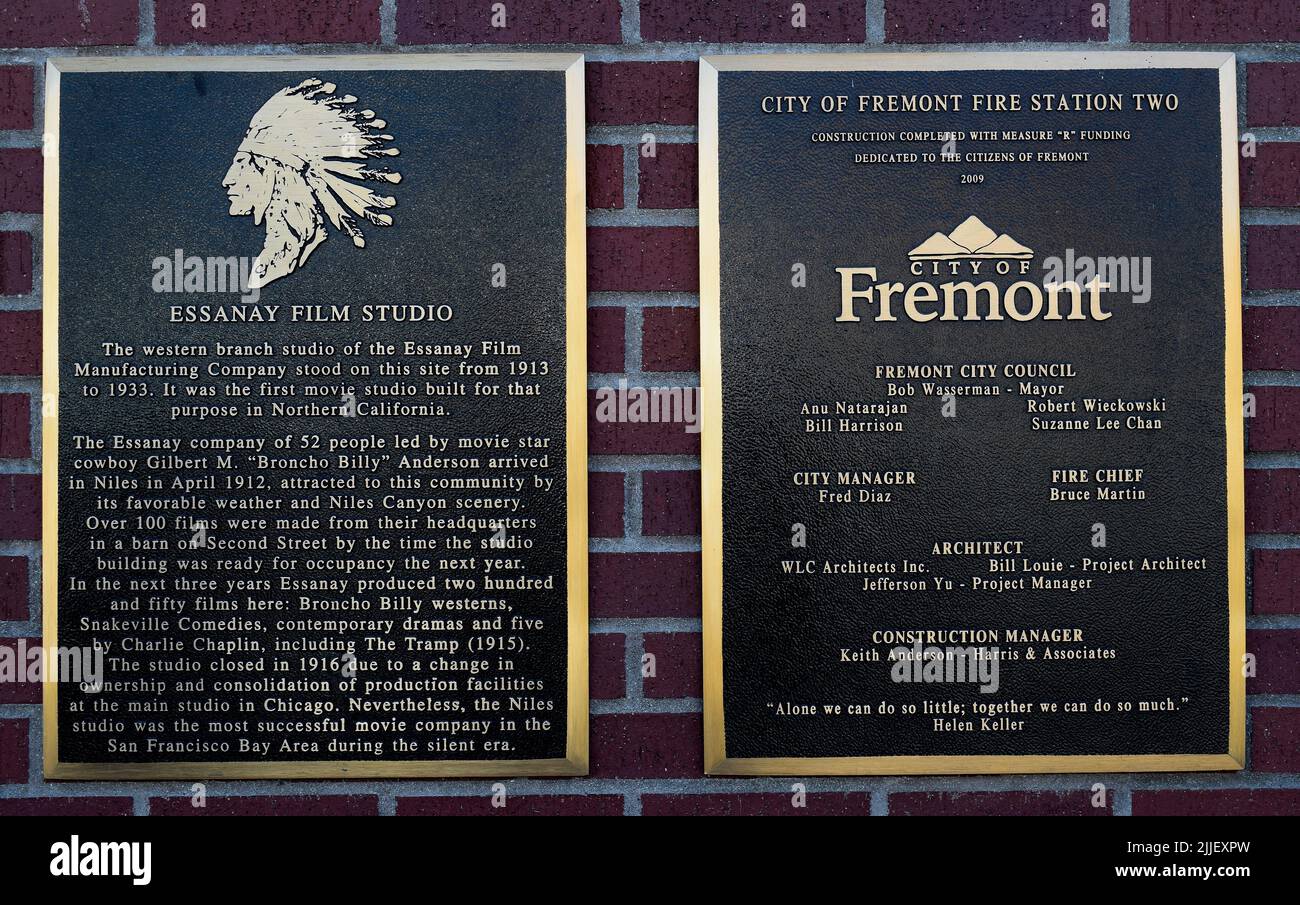 Essanay Film Studio and City of Fremont Fire Station Two plaques on a wall in Niles District of Fremont California Stock Photo