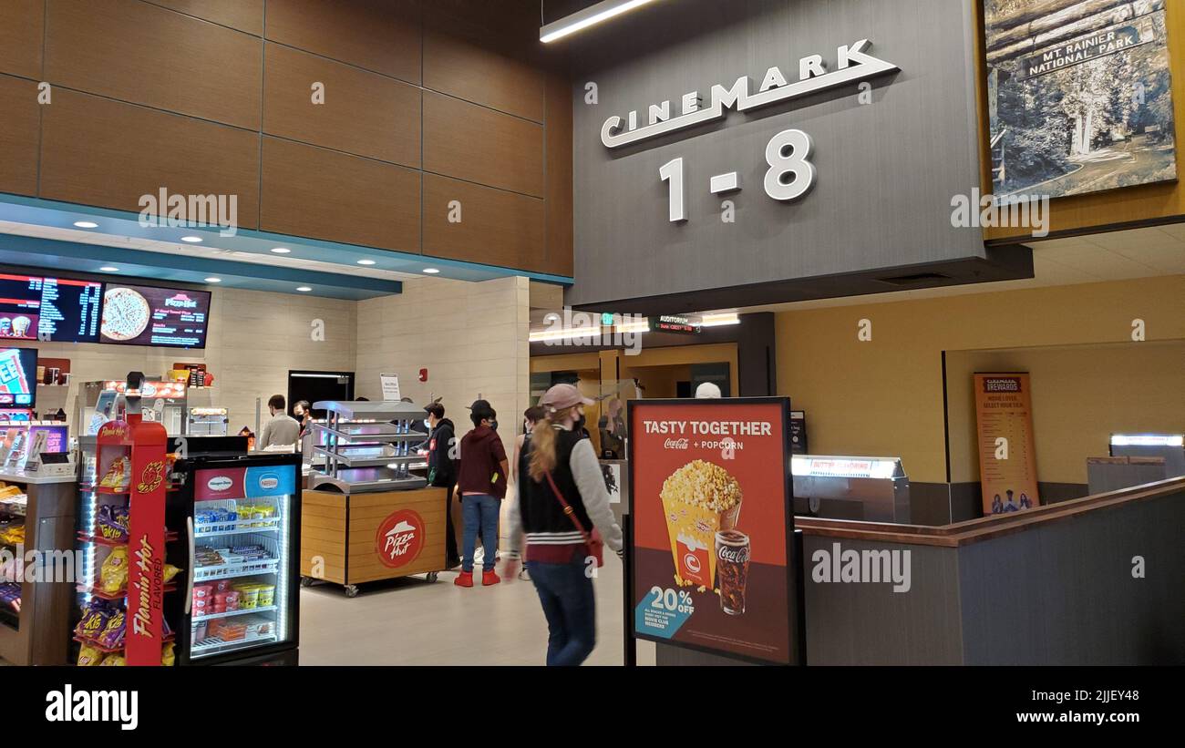 Kirkland, WA USA circa October 2021 View of the interior of a Cinemark movie theater Stock
