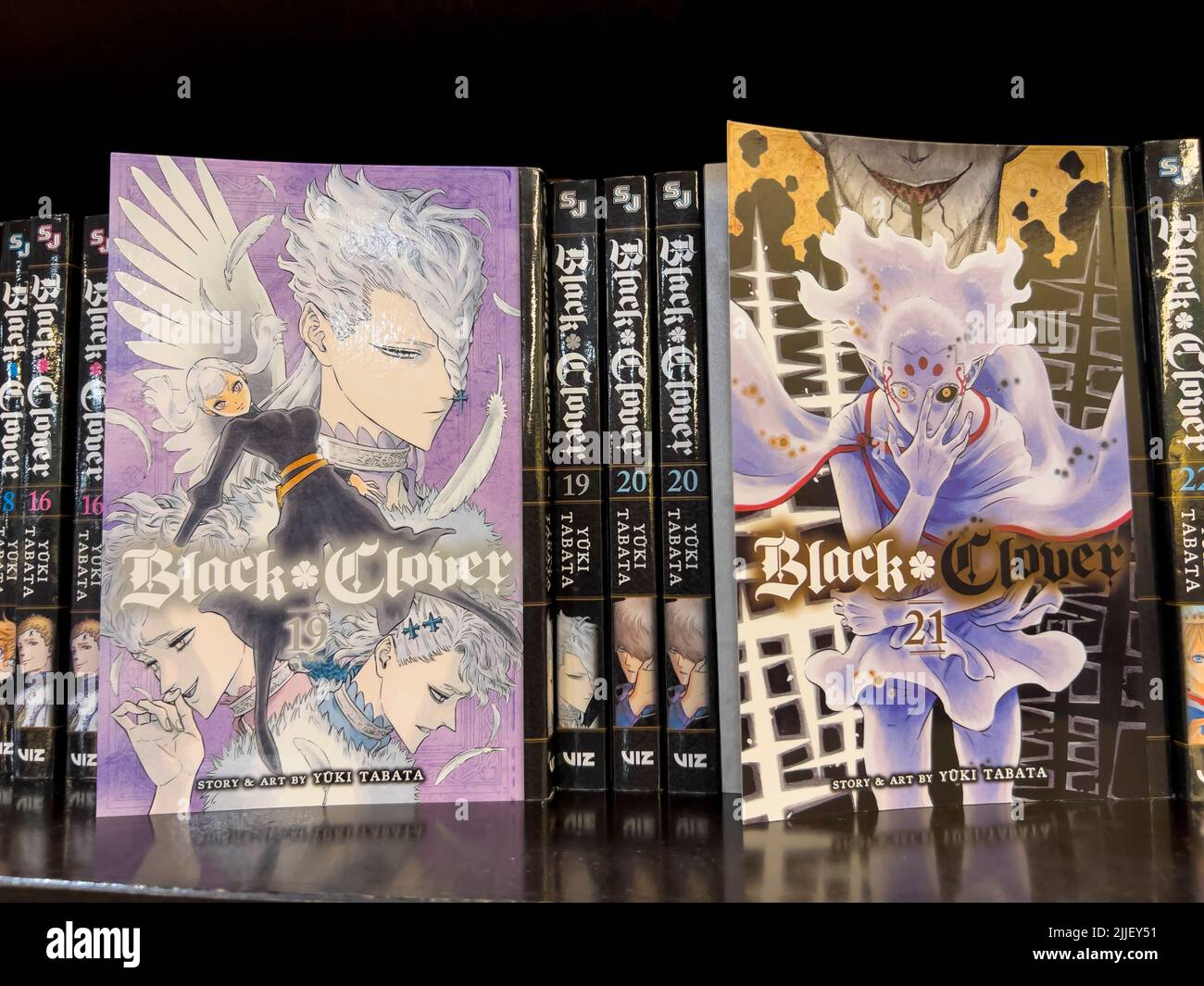Bellevue, WA USA - circa July 2022: Close up, selective focus on Black Clover manga for sale inside a Barnes and Noble. Stock Photo