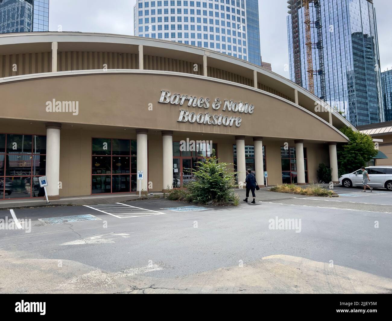 Bellevue, WA USA - circa July 2022: Angled view of the exterior of downtown Barnes and Noble, preparing to close to open in a new location. Stock Photo