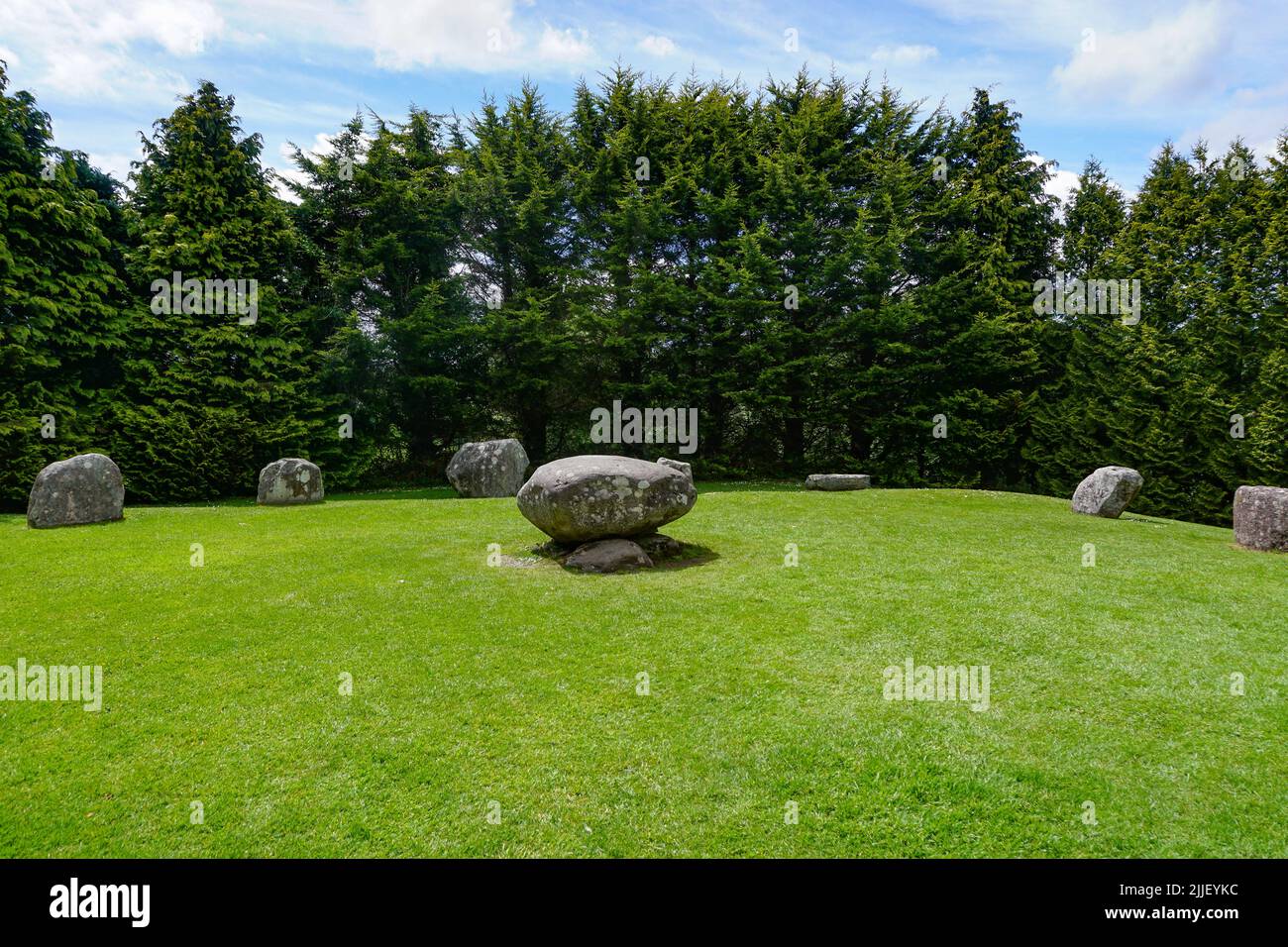 Kenmare, Co. Kerry, Ireland: The Bronze-age Kenmare stone circle is composed of 15 boulders. At the center is a boulder-dolmen with a large capstone. Stock Photo