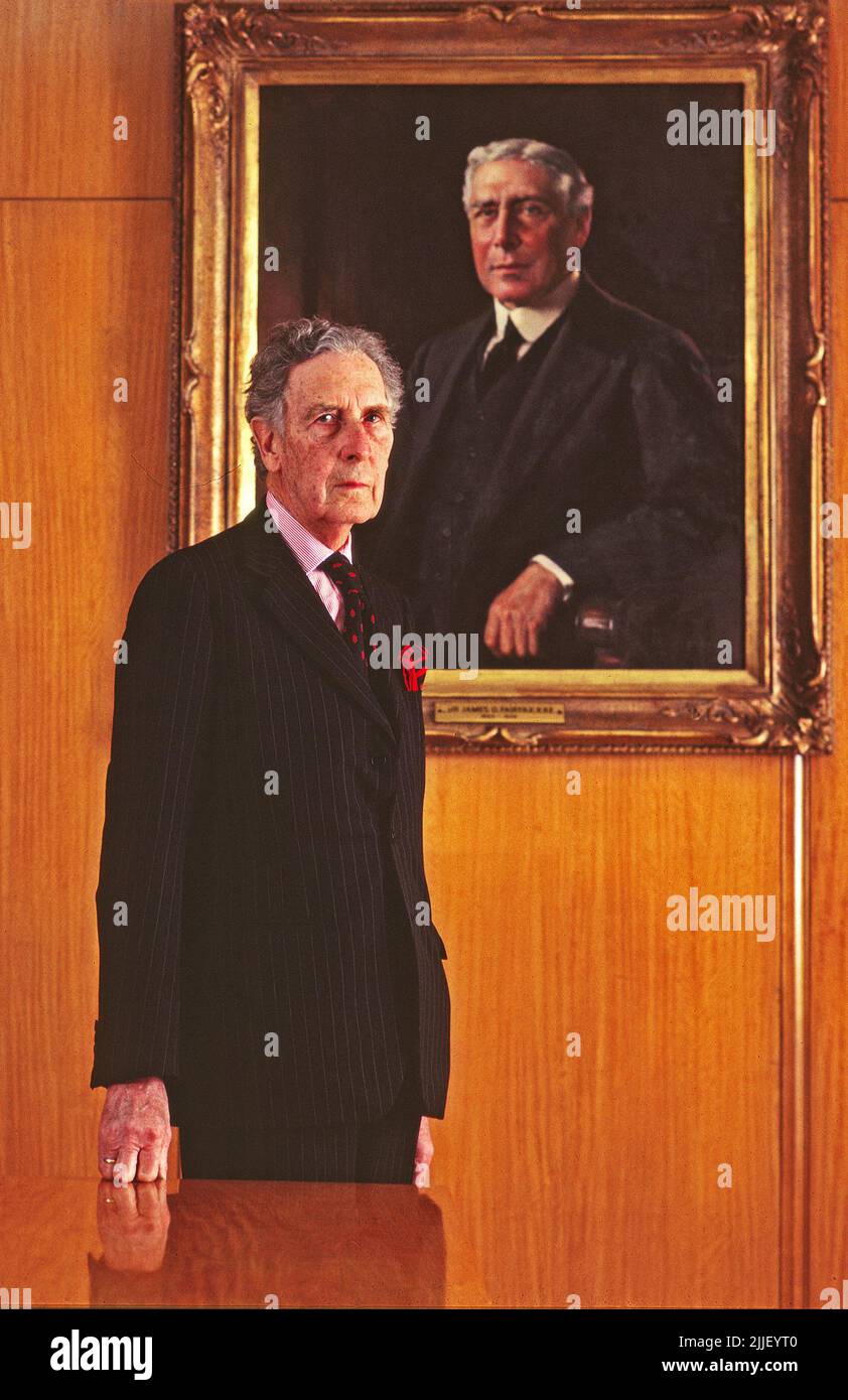 Sir Warwick Fairfax 1901-1987 newspaper magnate, philanthropist and journalist, director of the newspaper dynasty Fairfax and Sons with a portrait of his father Sir James Oswald Fairfax Stock Photo