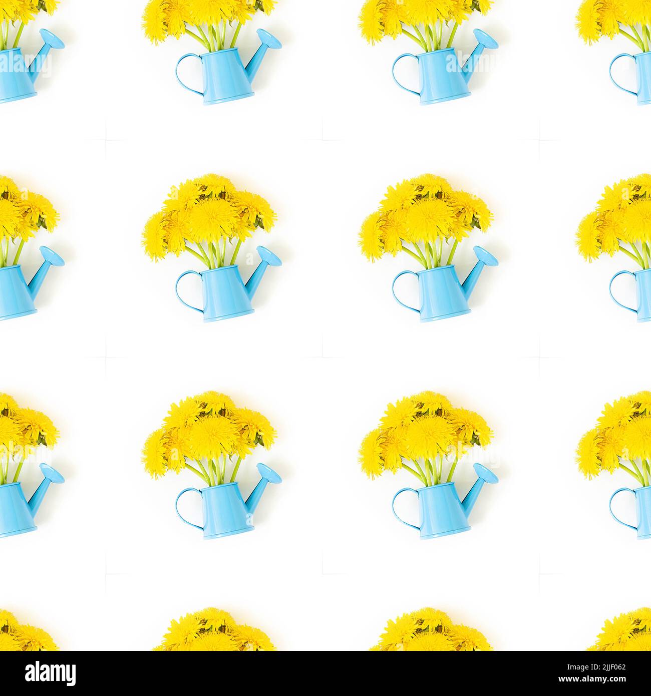 Bright seamless pattern made with bouquet of yellow flowers in blue watering can on white background, as a backdrop or texture. Spring, summer floral Stock Photo