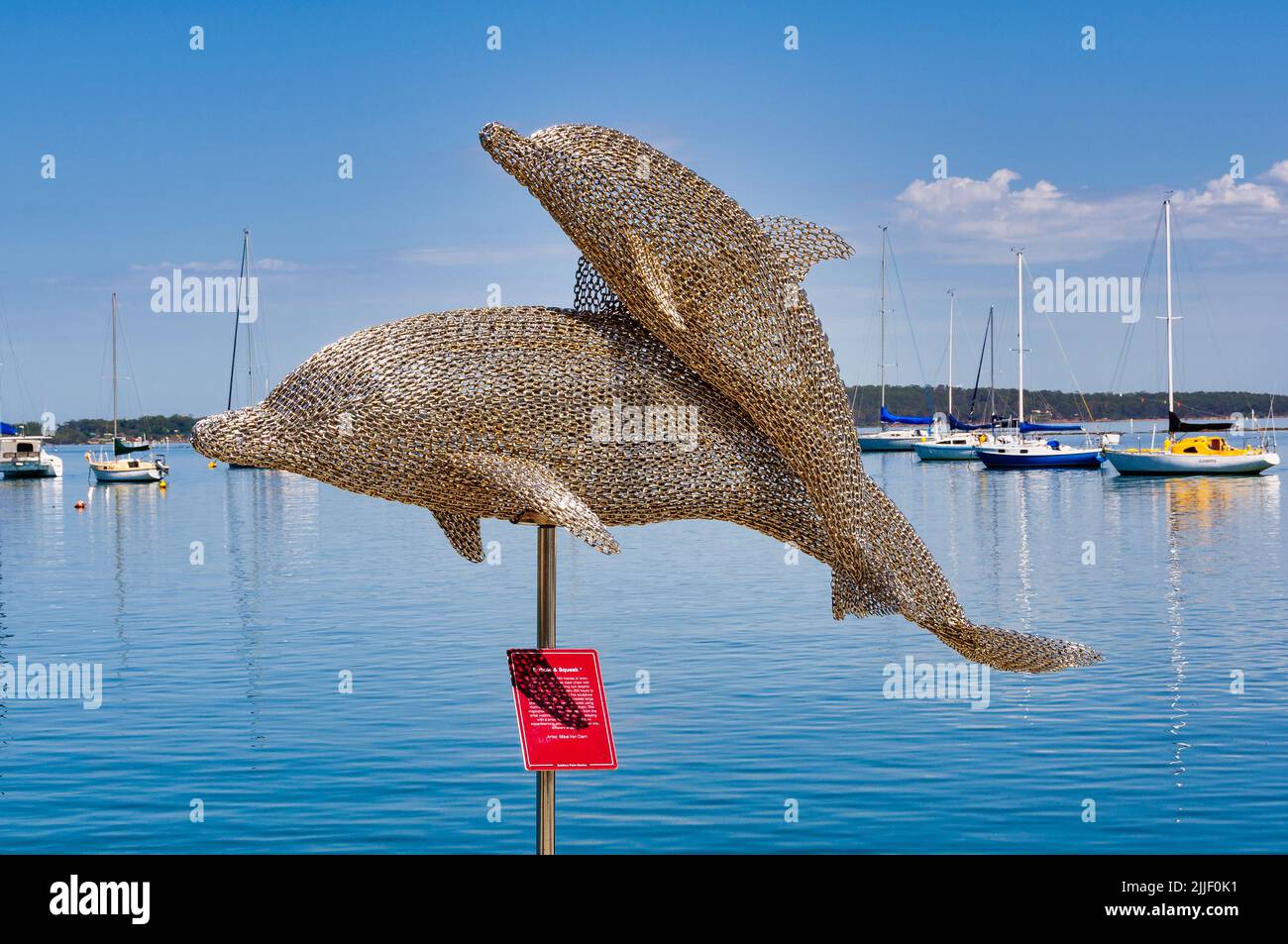 Stainless steel chain sculpture, Harmony - Dolphin Family, by Mike Van Dam - Soldiers Point, NSW, Australia Stock Photo