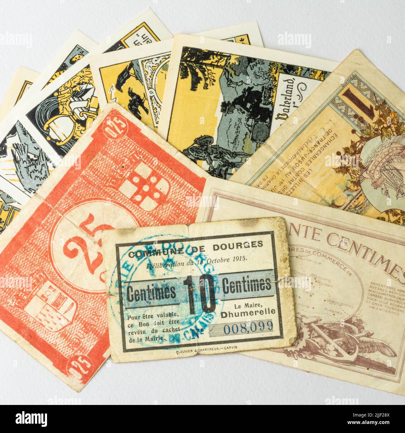 French and German notgeld (necessity money) from the 20s Stock Photo