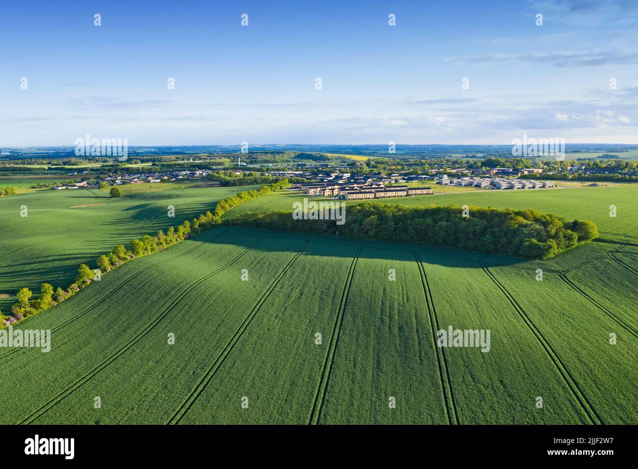 Drone point of view of farm or countryside estate, green pasture fields and blue sky copy space. Scenic aerial landscape of farming agriculture, trees Stock Photo