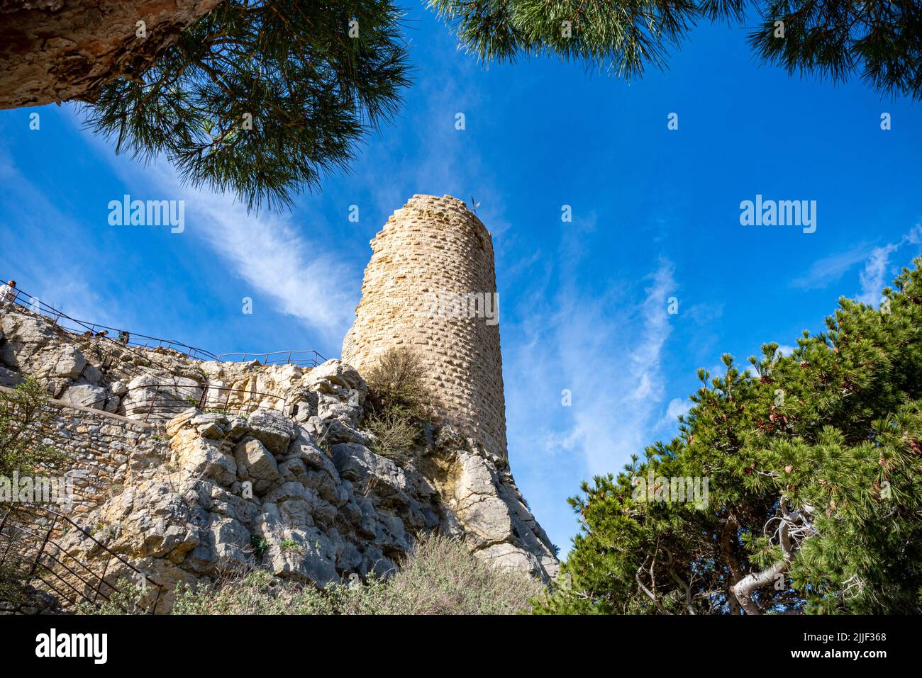 Ruins of the dungeon of the Gruissan castle (Barbarossa tower) taken from bellow on a sunny winter afternoon with no people Stock Photo