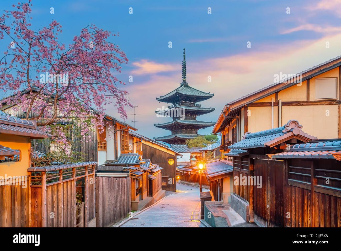 Old town Kyoto during sakura season in Japan at sunset Stock Photo - Alamy