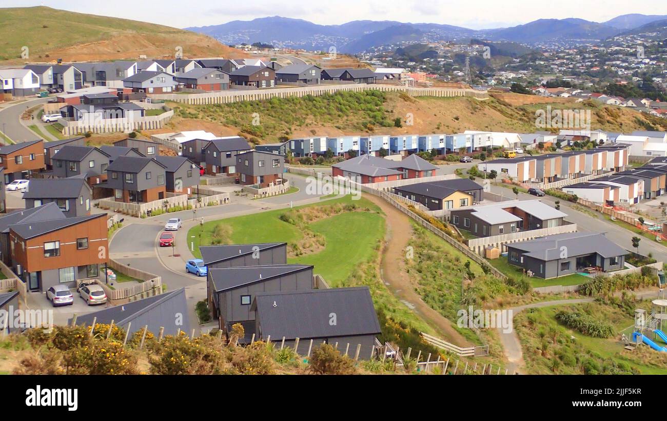 A housing development in Wellington NZ shows a small variety of house styles but little vision in building and landscaping Stock Photo