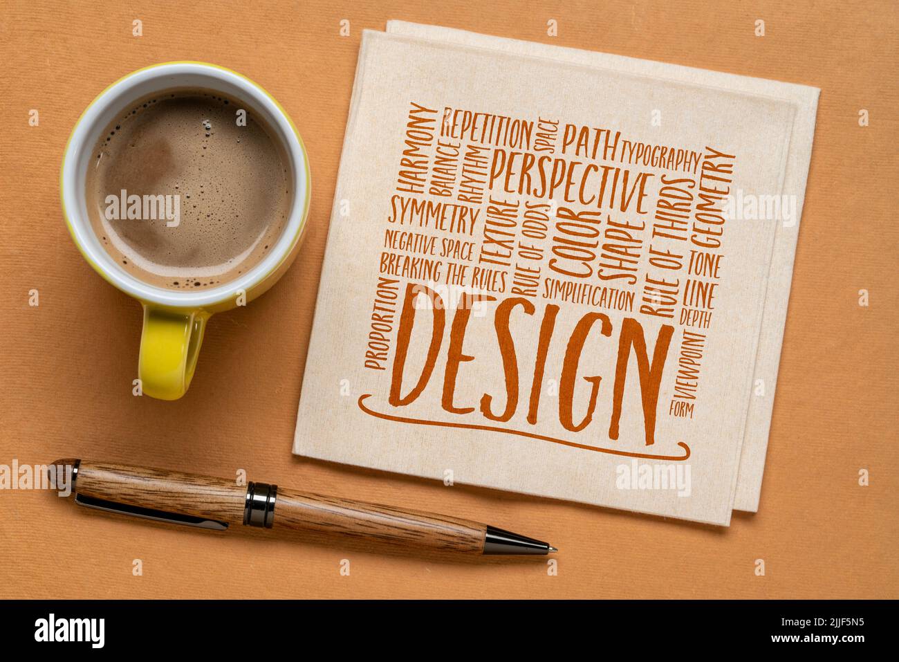 design elements and rules word cloud on a napkin, flat lay with coffee Stock Photo