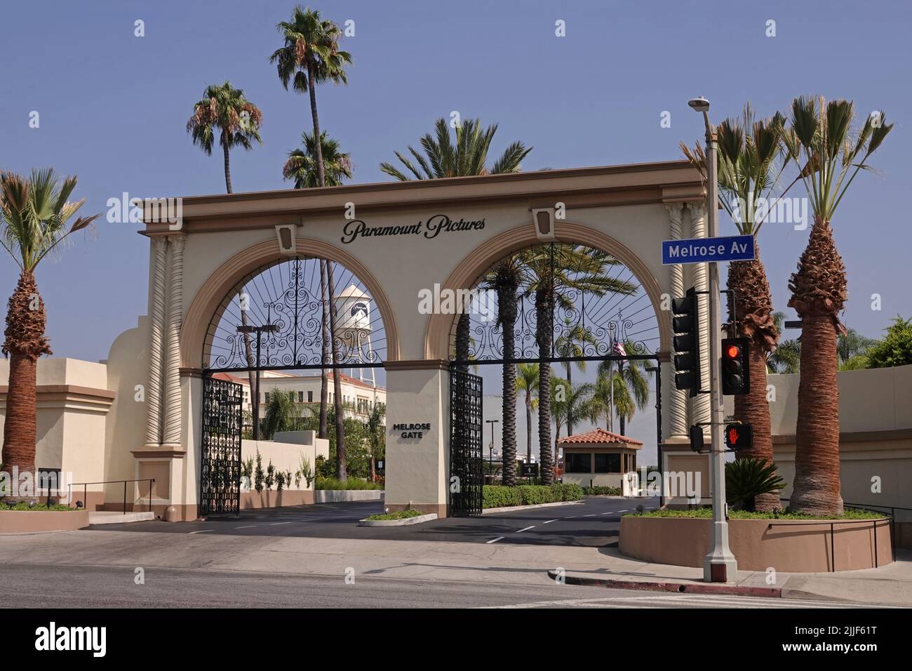 Hollywood, CA / USA - July 25, 2022: The iconic Melrose Gate on the Pictures studio lot is shown during the day. For editorial uses only. Stock Photo