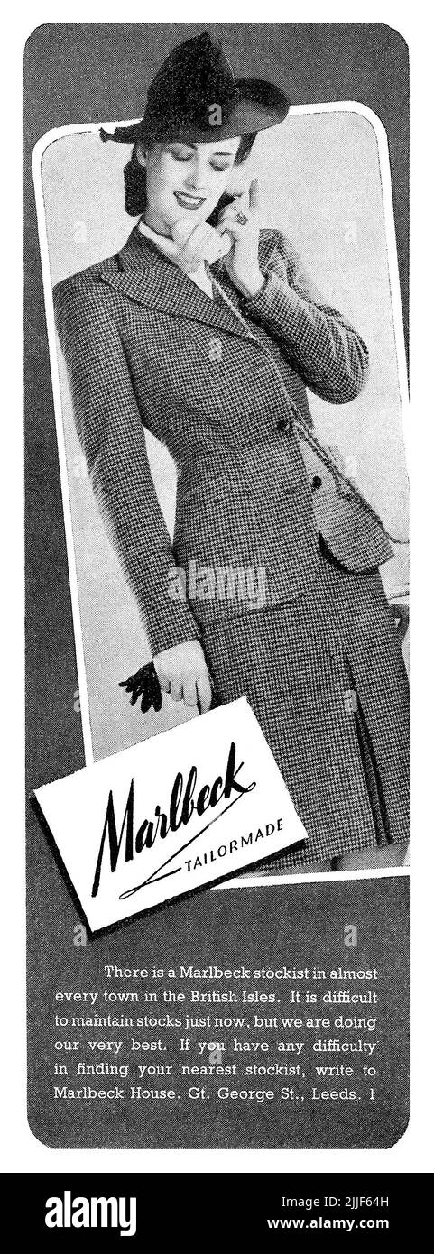 1943 British advertisement for Marlbeck women's suit tailoring. Stock Photo