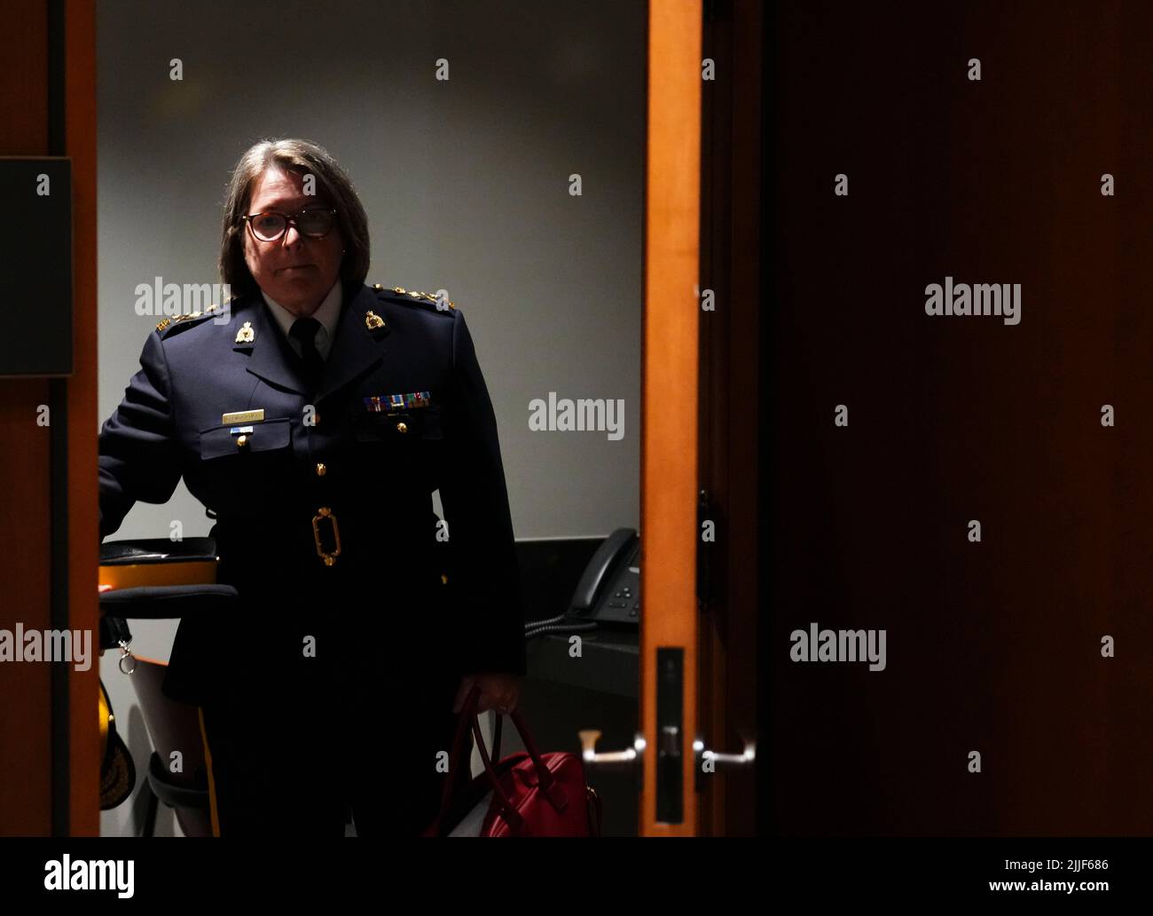 RCMP Commissioner Brenda Lucki waits to appear as a witness at the Standing Committee on Public Safety and National Security on Parliament Hill in Ottawa on Monday, July 25, 2022. The committee is looking into allegations of political interference in the 2020 Nova Scotia Mass Murder Investigation  THE CANADIAN PRESS/Sean Kilpatrick Stock Photo