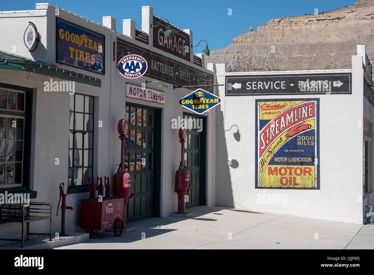 Old service station in the historic district of Helper, Utah. Stock Photo