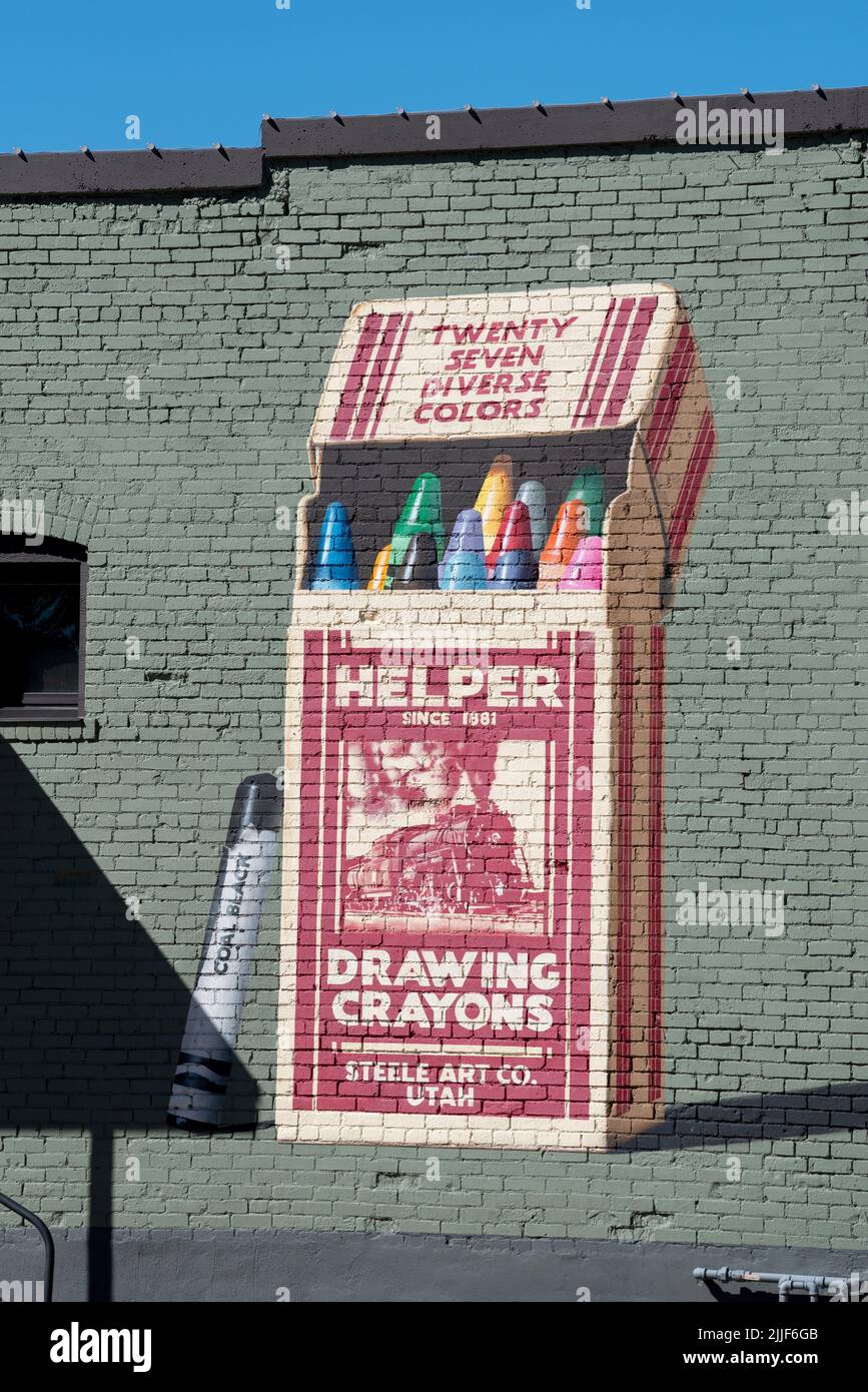 Crayon mural on a building in the historic district of Helper, Utah. Stock Photo