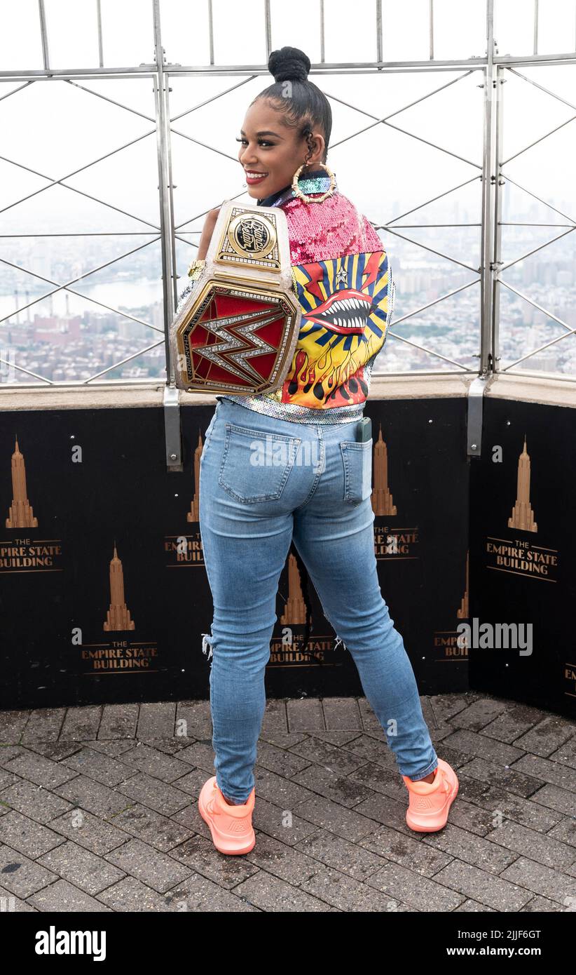 New York, NY - July 25, 2022: WWE Raw Women’s Champion Bianca Belair poses on observation deck during visit to Empire State Building Stock Photo