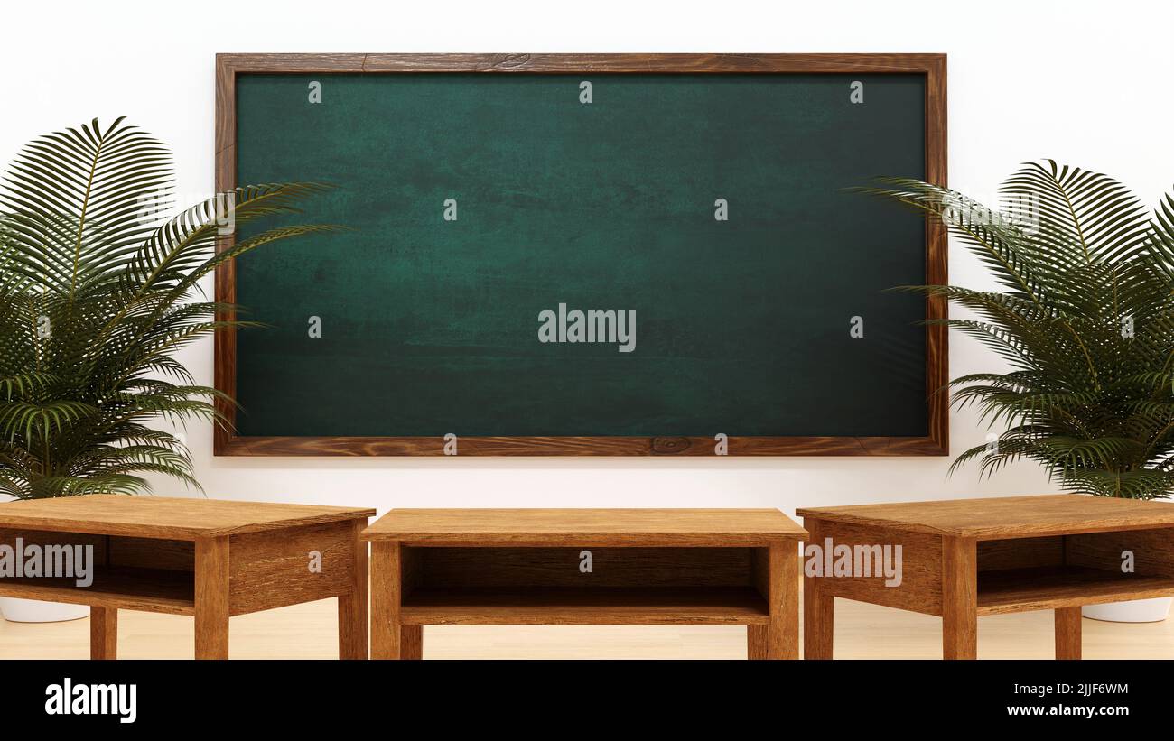 Chalkboard and desk in school classroom, education concept, 3D ...