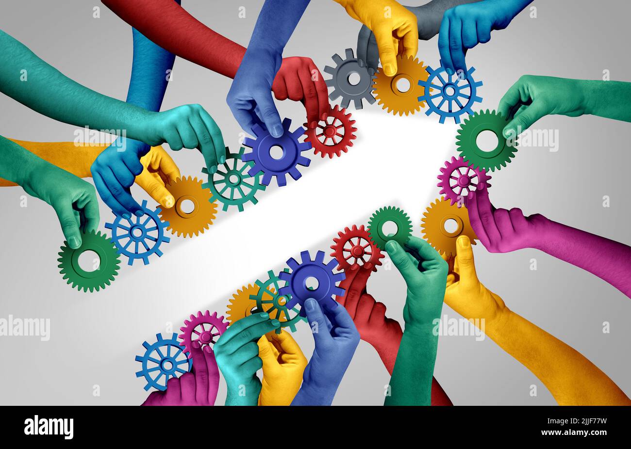 Business team progress and group success arrow connected as diverse hands holding gears united together to form a shape of positive diversity. Stock Photo