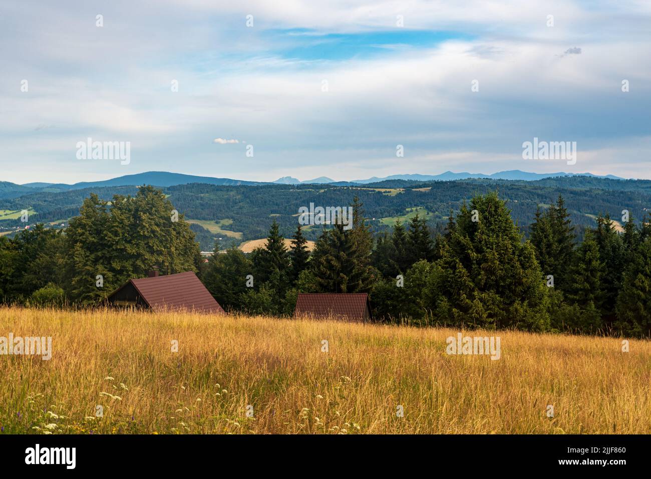 View from Komorovsky grun hill in Jablunkovske mezihori mountains in easternmost part of Czech republic dureing beautiful summer evening Stock Photo