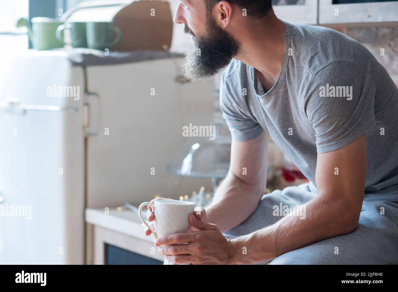 morning coziness home new day man cup Stock Photo