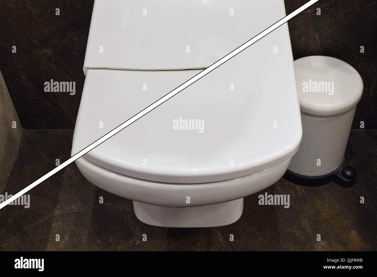Cracked white toilet lid before and after repair. A broken and whole